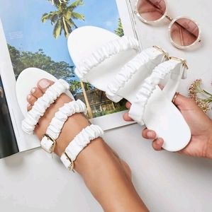 Vengen leather ruched double straps  slide sandals